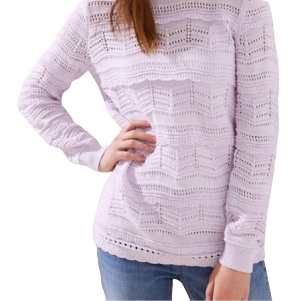 LOFT Lilac Open Knit Sweater Medium‎ Cotton Ruffle Pointelle Long Sleeve
